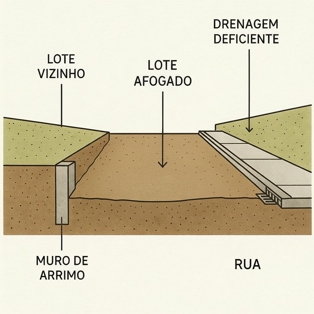 Representação de um lote "afogado" em cota inferior, separado por muro de arrimo de propriedades vizinhas em nível correto. Esse problema resulta de terraplenagem deficiente e gera custos adicionais significativos na construção.
